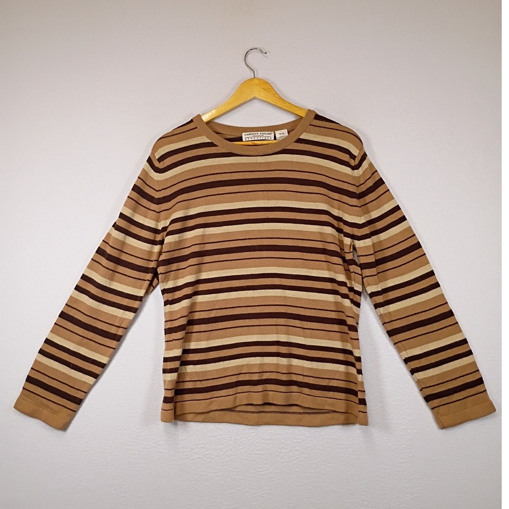 Academic Earthy Carolyn Taylor Womens Medium Tan Brown Striped Knit Crewneck Top